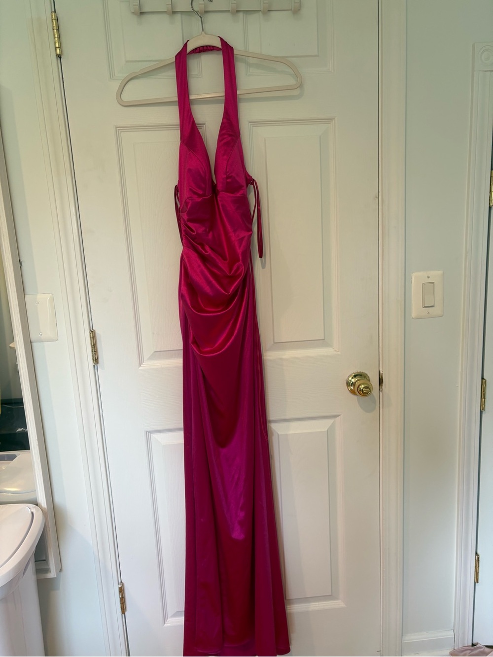 B. Smart Fuchsia Satin Halter Maxi Dress